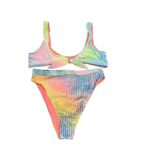 Dippin Daisys Swim Revibe Ribbed Velvet Women M Bikini Set Swimsuit High Rainbow - Picture 1 of 11